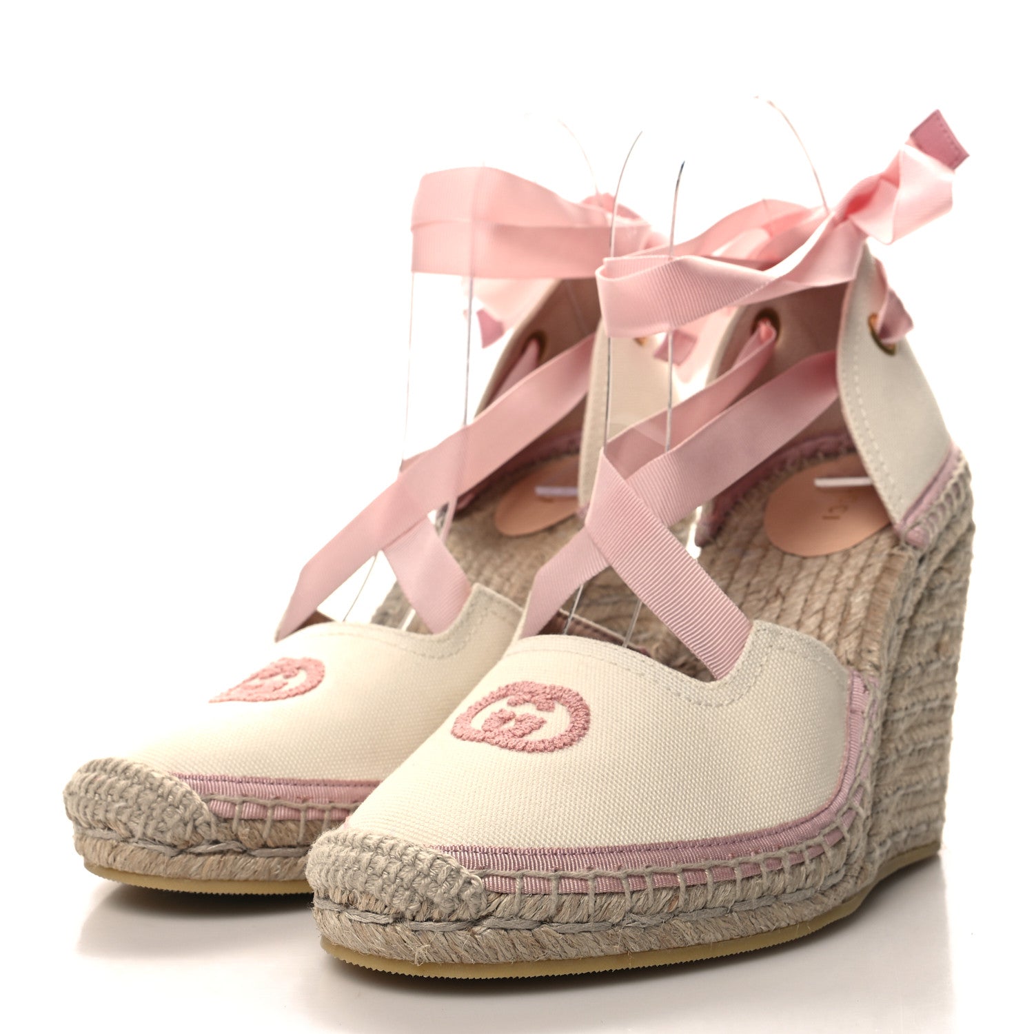 Gucci Canvas Grossgrain Embroidered Judit Ankle Wrap Platform 35/120mm Espadrille Wedges 38 White Shell 3 of 7