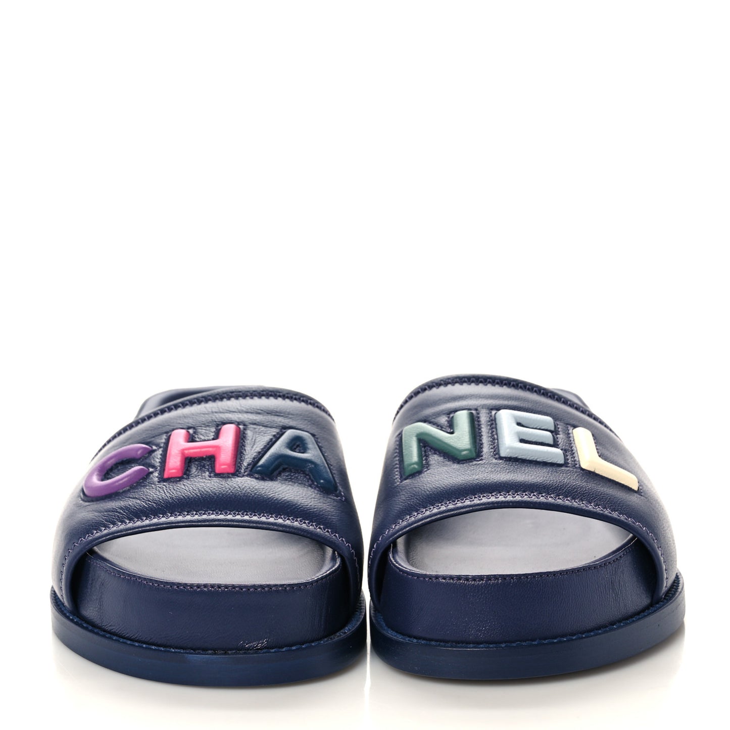 Lambskin Cha-Nel Mule Sandals 38 Navy Multicolor