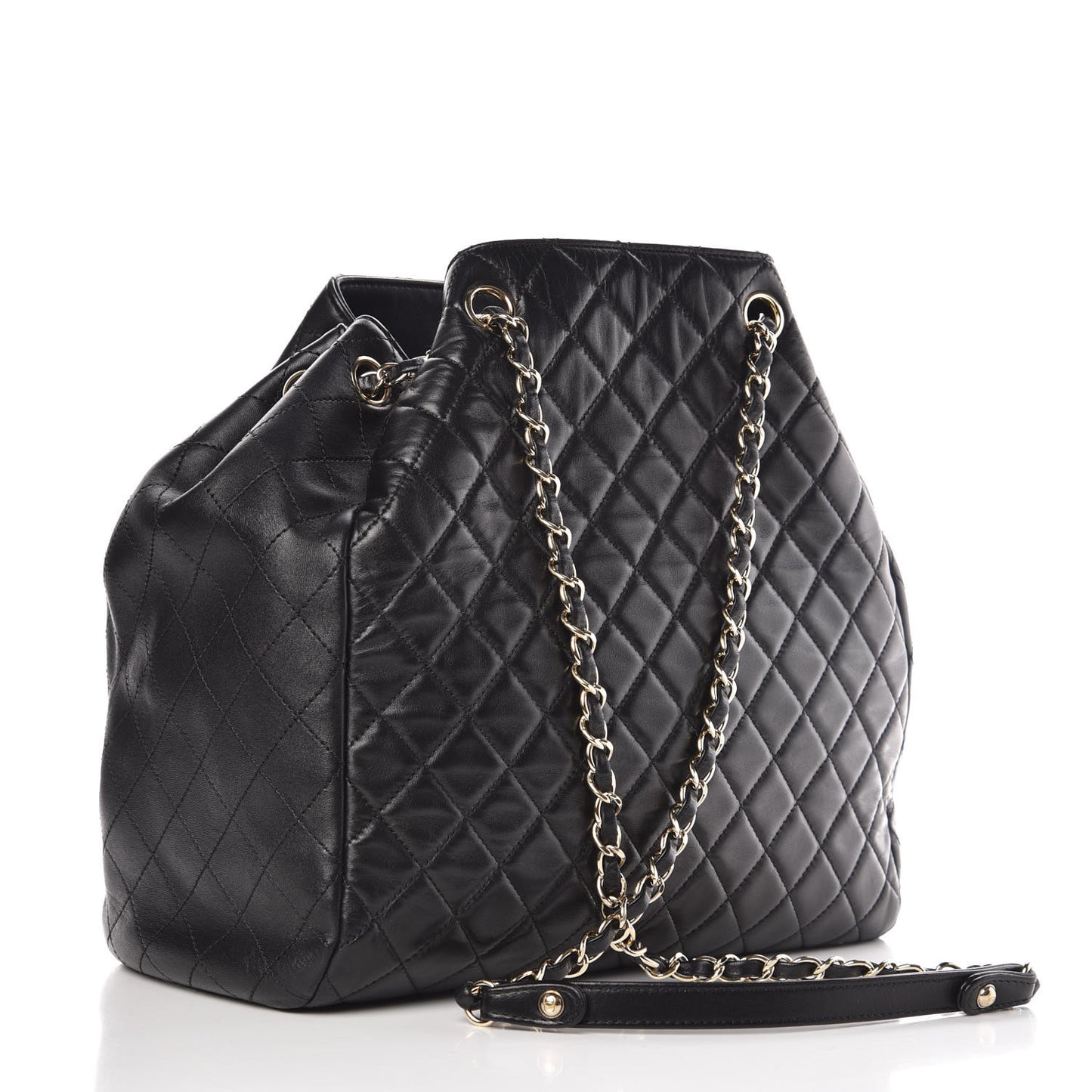 Lambskin Quilted Large Drawstring Bag Black