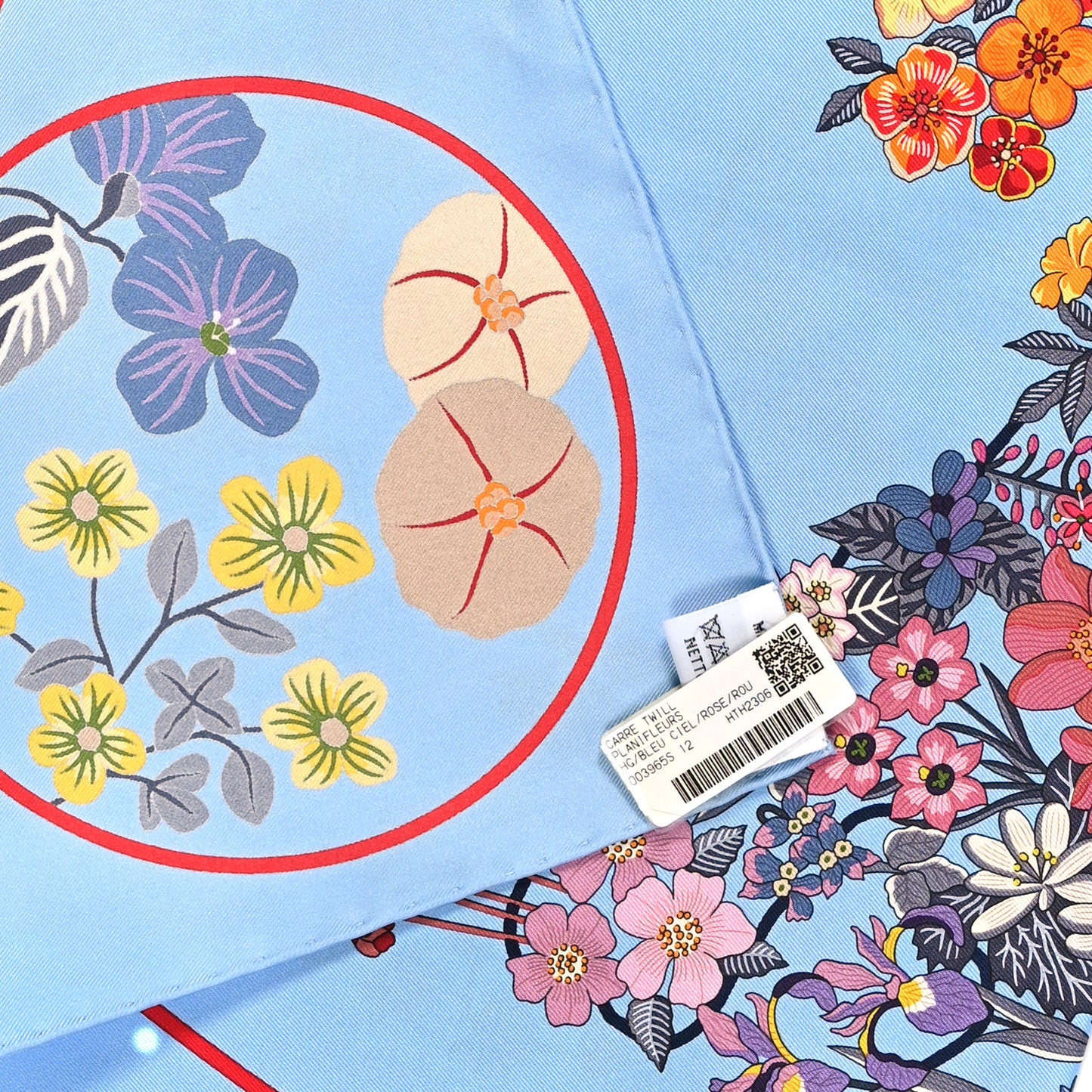Silk Planifleurs Scarf 90 Bleu Ciel Rose Rouge