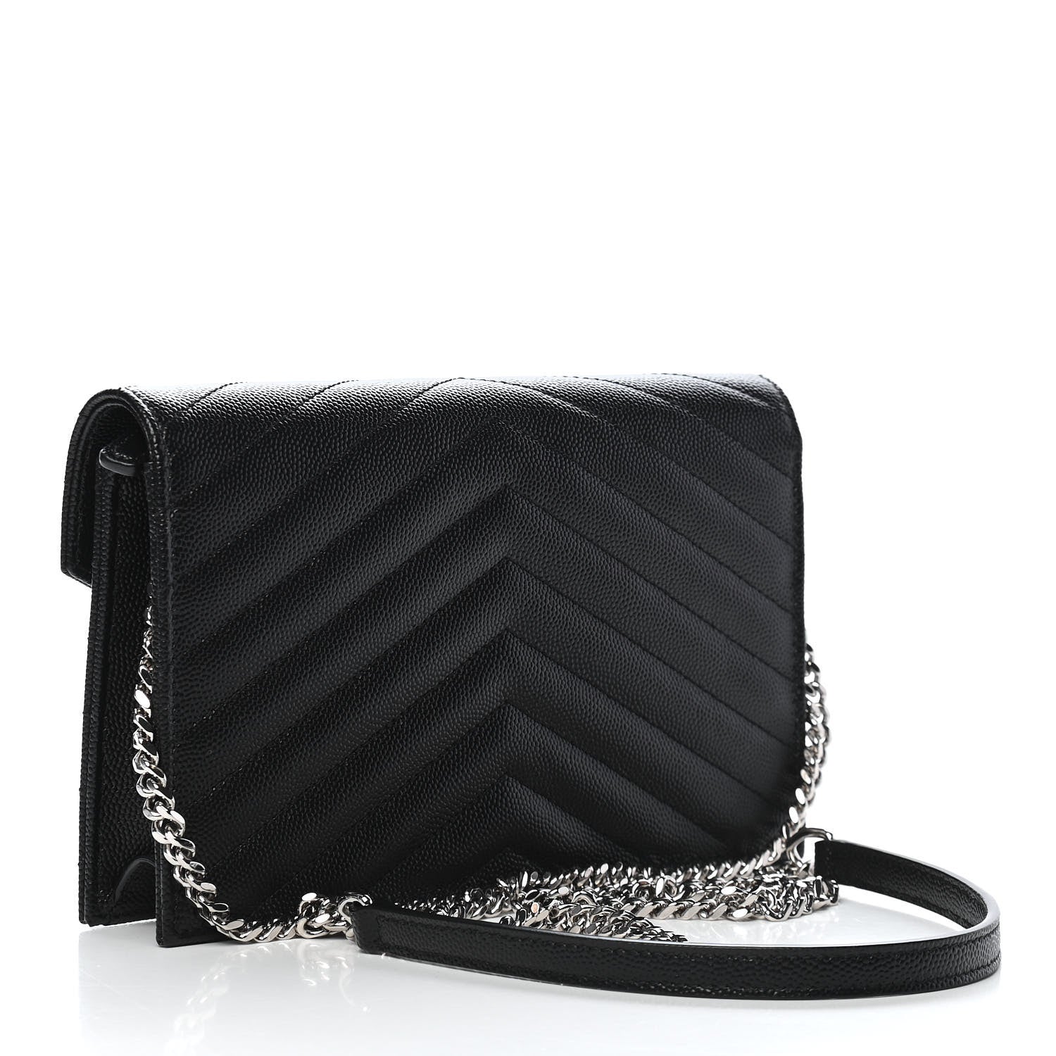 Saint Laurent Grain De Poudre Matelasse Chevron Monogram Envelope Chain Wallet Black 3 of 8