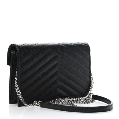 Saint Laurent Grain De Poudre Matelasse Chevron Monogram Envelope Chain Wallet Black 3 of 8