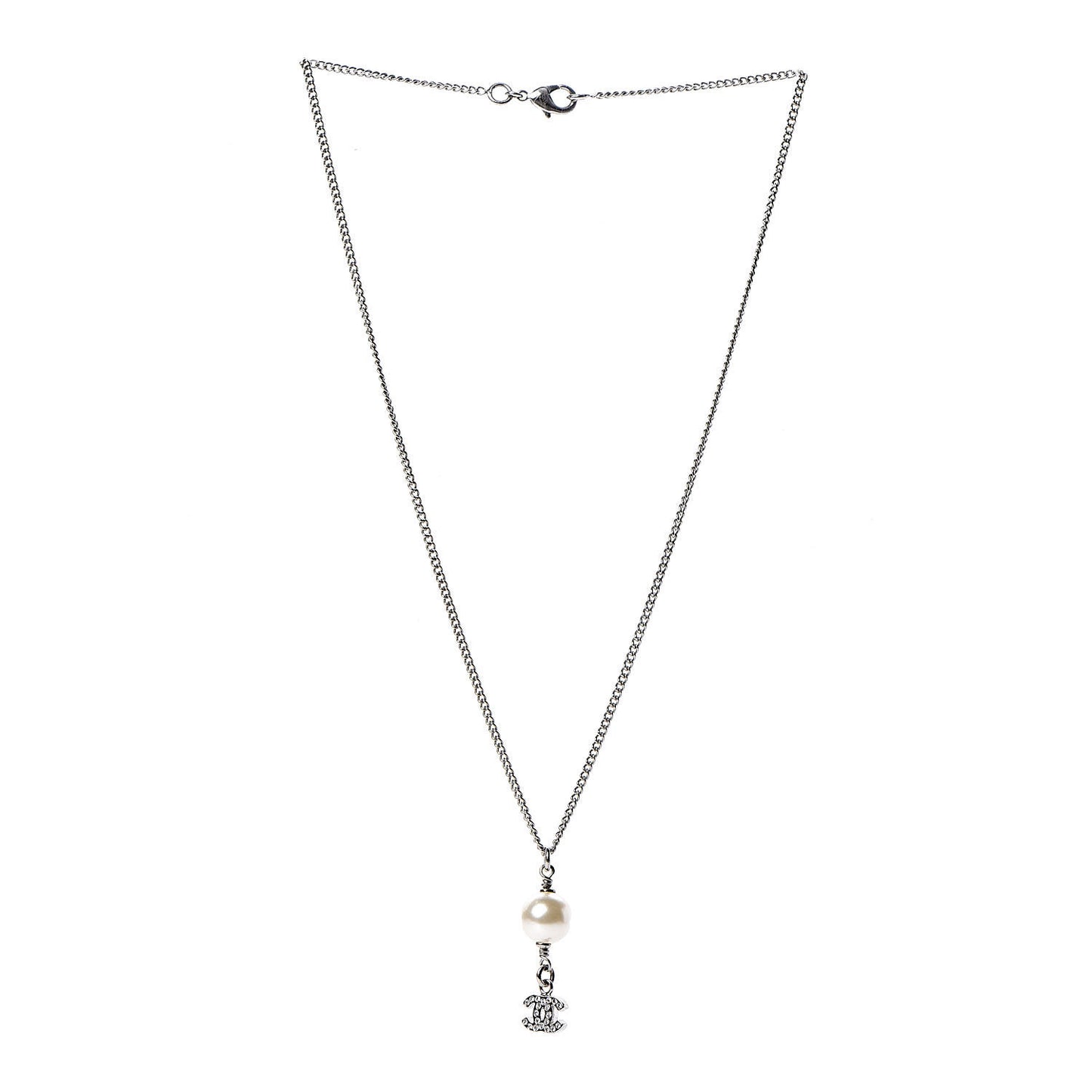 Pearl Crystal CC Drop Necklace Silver
