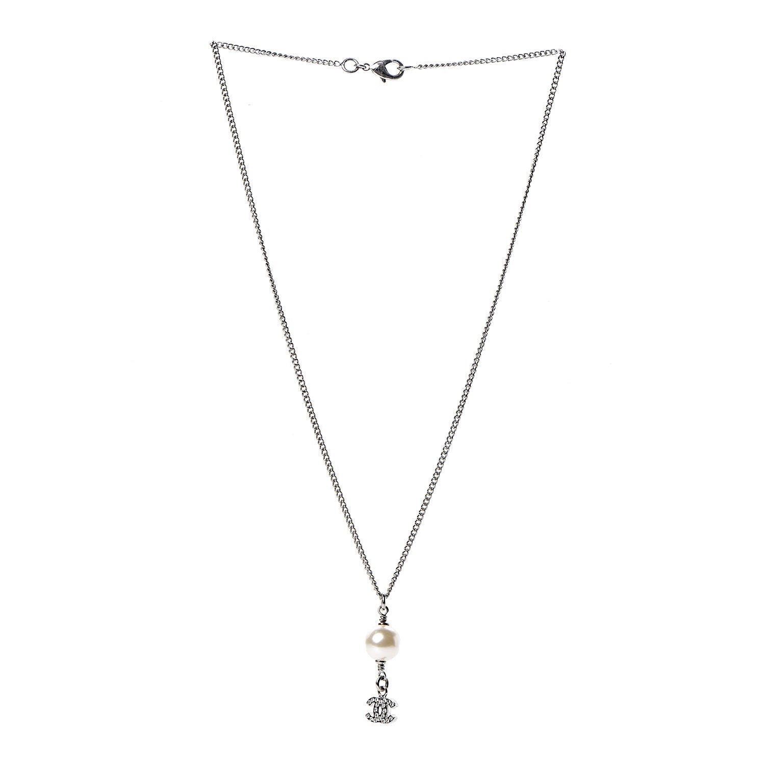 Chanel Pearl Crystal CC Drop Necklace Silver 3 of 4