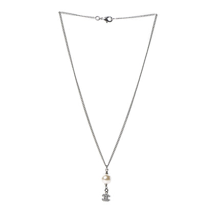 Chanel Pearl Crystal CC Drop Necklace Silver 3 of 4