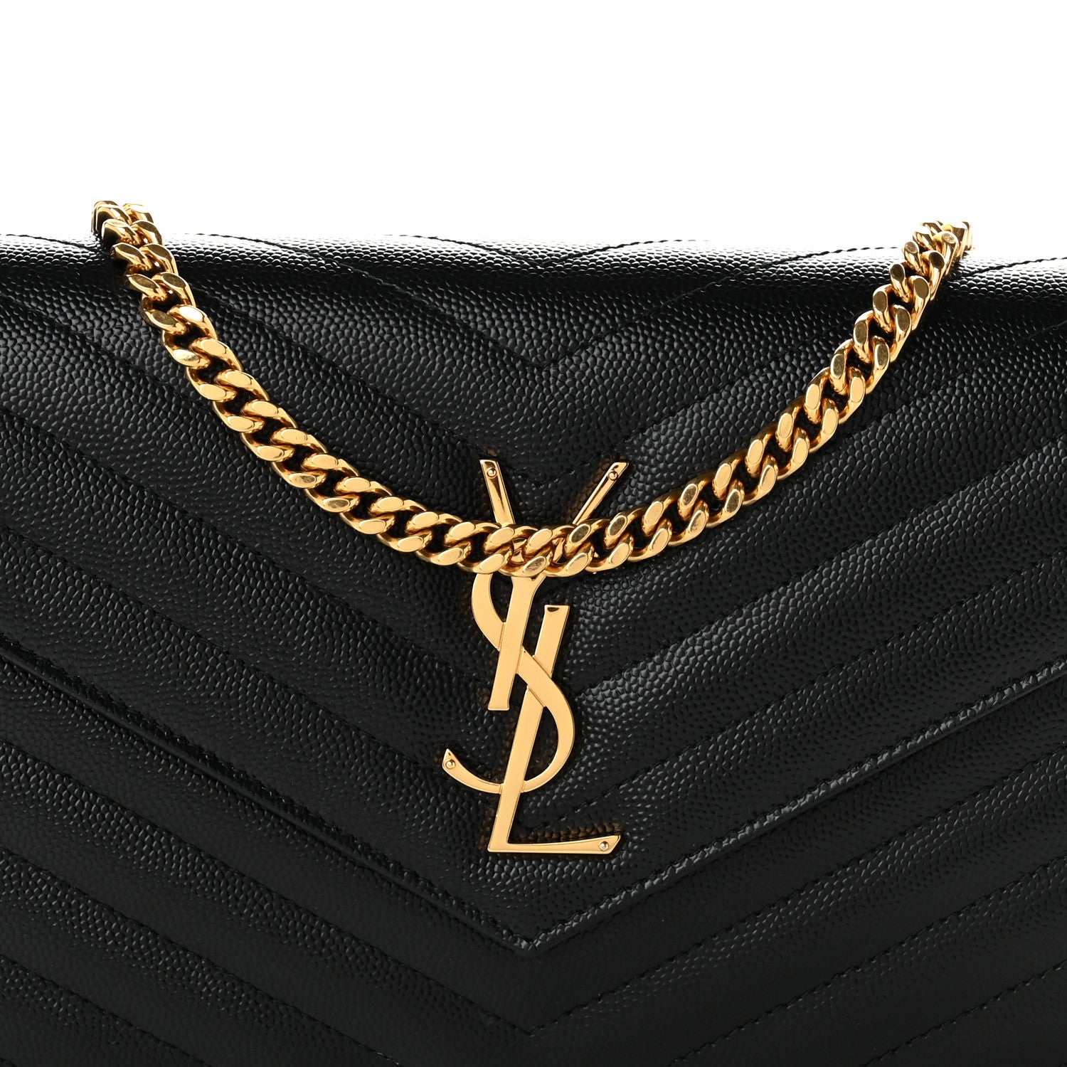 Saint Laurent Grain De Poudre Matelasse Chevron Monogram Chain Wallet Black 7 of 10