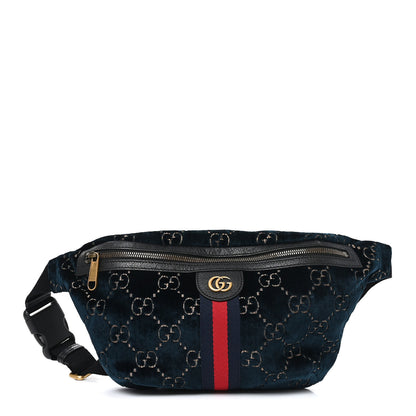 Gucci Velvet GG Monogram Web Belt Bag Blue Beige 1 of 10