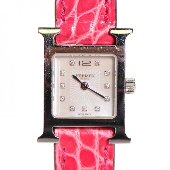 Hermes Stainless Steel Alligator Diamond Mother of Pearl 21mm Heure H Hour Quartz Watch Framboise 1 of 16
