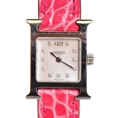 Hermes Stainless Steel Alligator Diamond Mother of Pearl 21mm Heure H Hour Quartz Watch Framboise 1 of 16