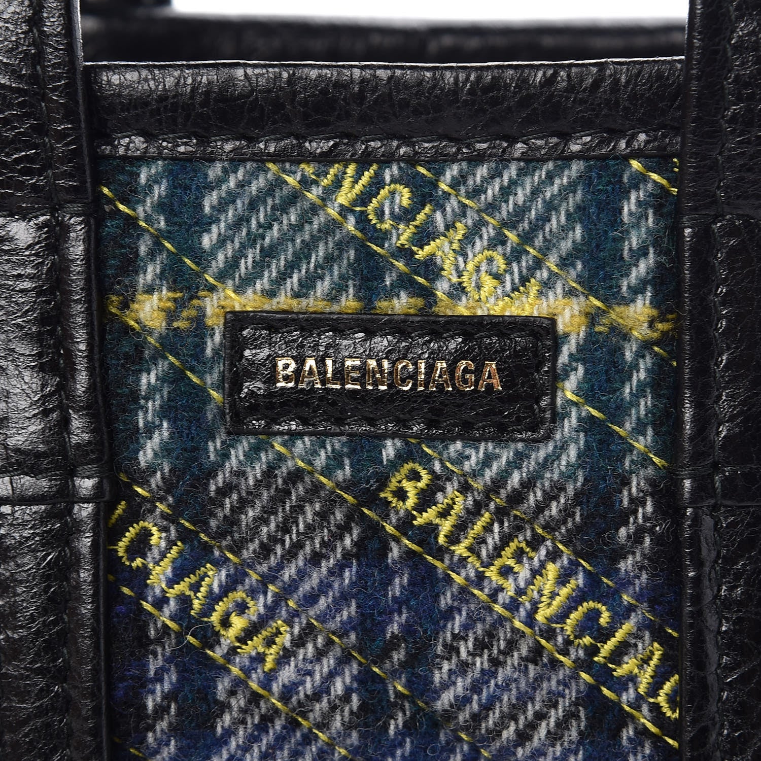 Balenciaga Wool Cuir Arena Plaid Diagonal Allover Logo Matelasse XXS Bazar Shopper Tote Green Blue Yellow 7 of 8
