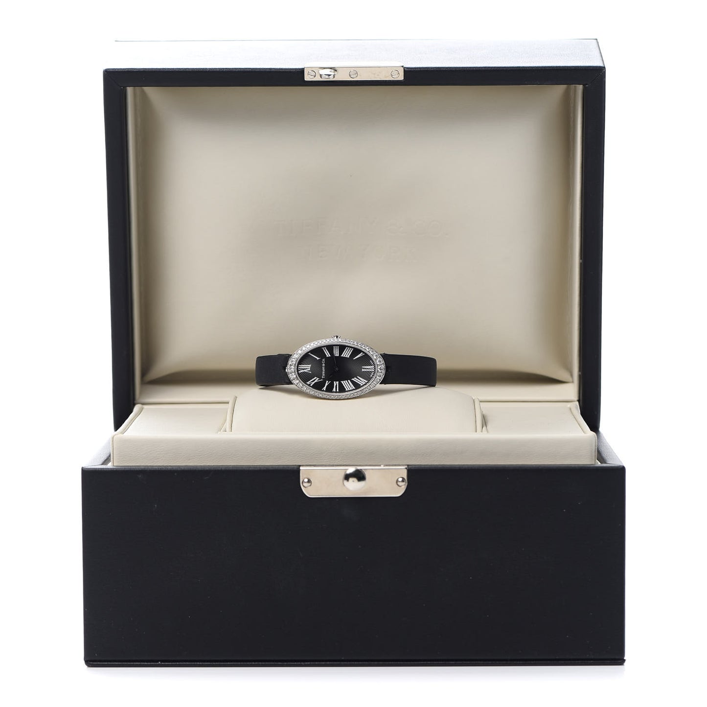 18K White Gold Satin Diamond Bezel 21mm 2-Hand Cocktail Quartz Watch Black
