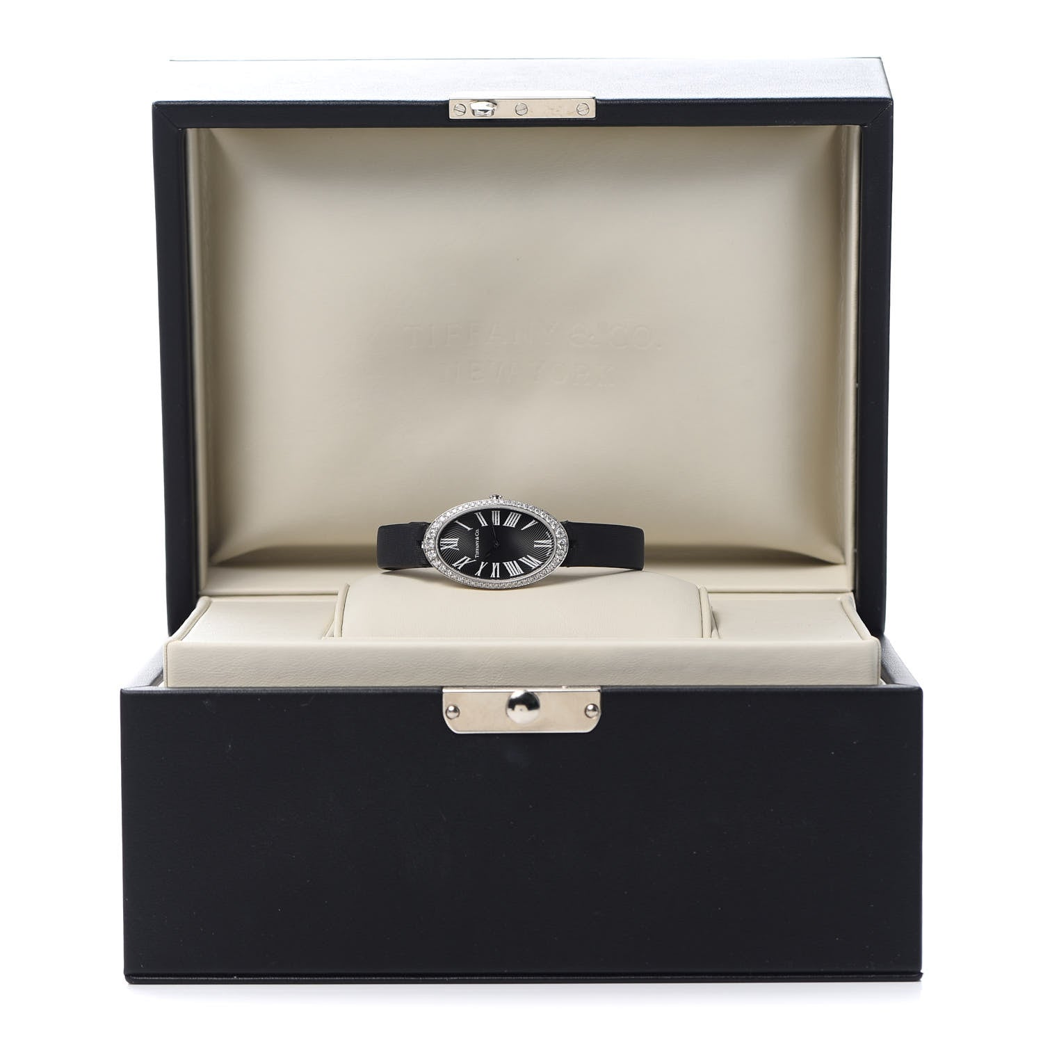 Tiffany 18K White Gold Satin Diamond Bezel 21mm 2-Hand Cocktail Quartz Watch Black 5 of 5