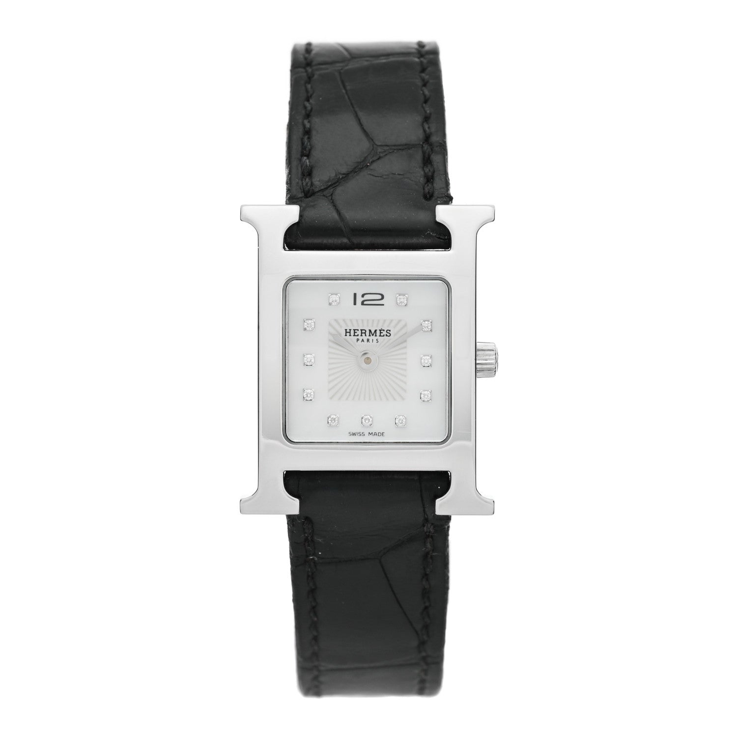 Hermes Stainless Steel Alligator Diamond Mother of Pearl 21mm Heure H Hour Quartz Watch Noir 1 of 4