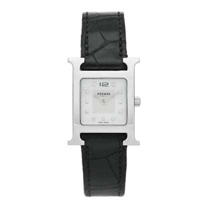 Hermes Stainless Steel Alligator Diamond Mother of Pearl 21mm Heure H Hour Quartz Watch Noir 1 of 4
