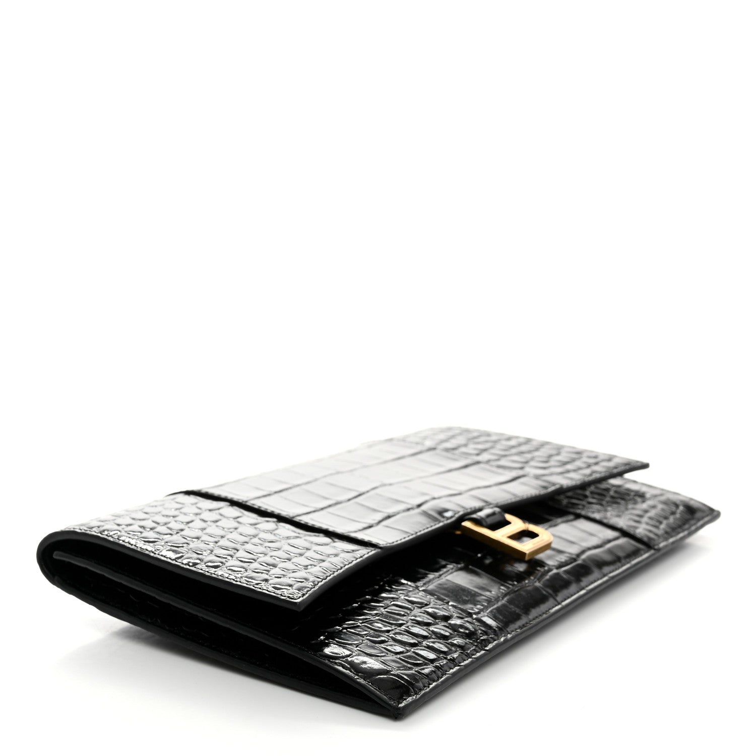 Balenciaga Shiny Calfskin Crocodile Embossed Hourglass Flap Flat Pouch Black 4 of 6