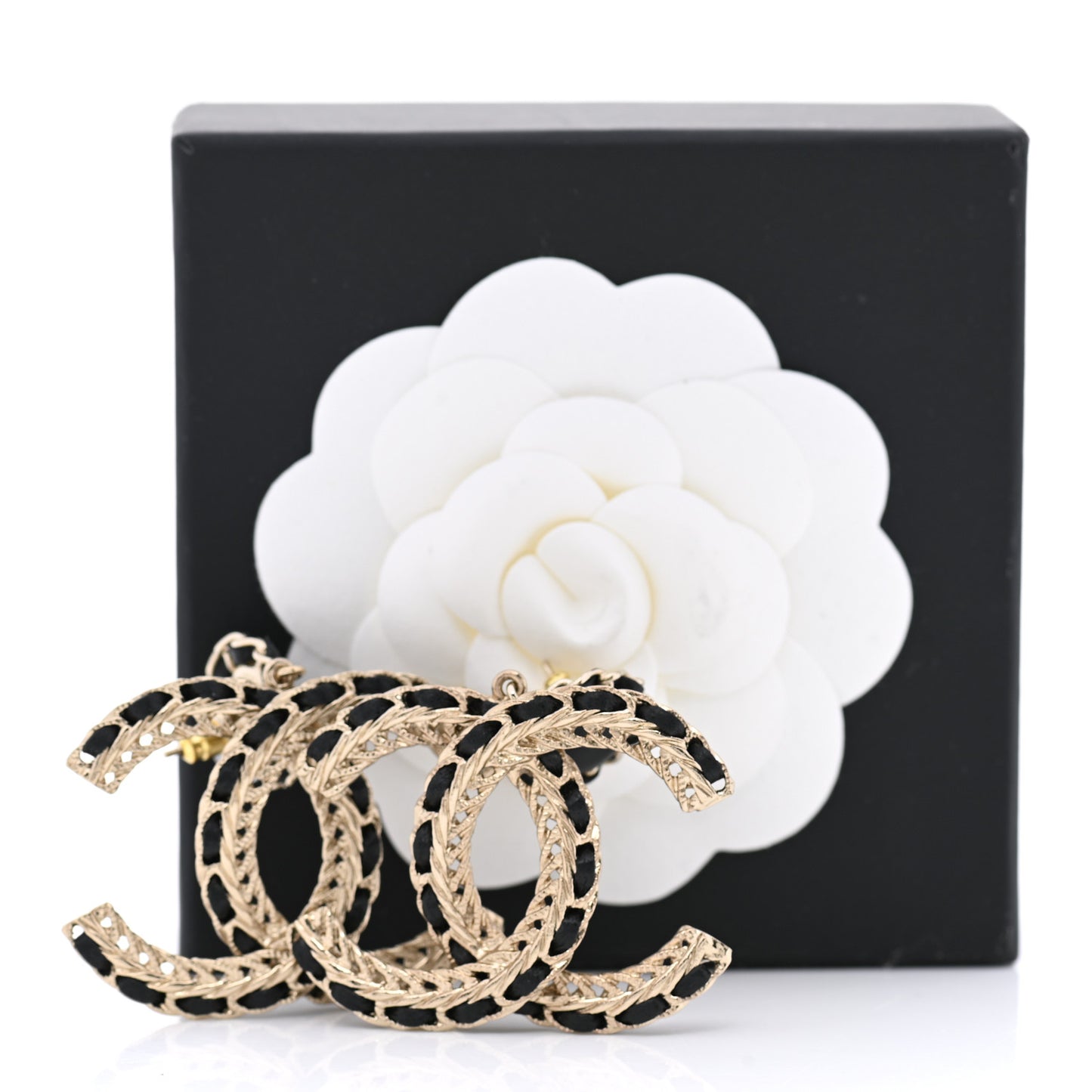 Lambskin CC Chain Drop Earrings Black Gold