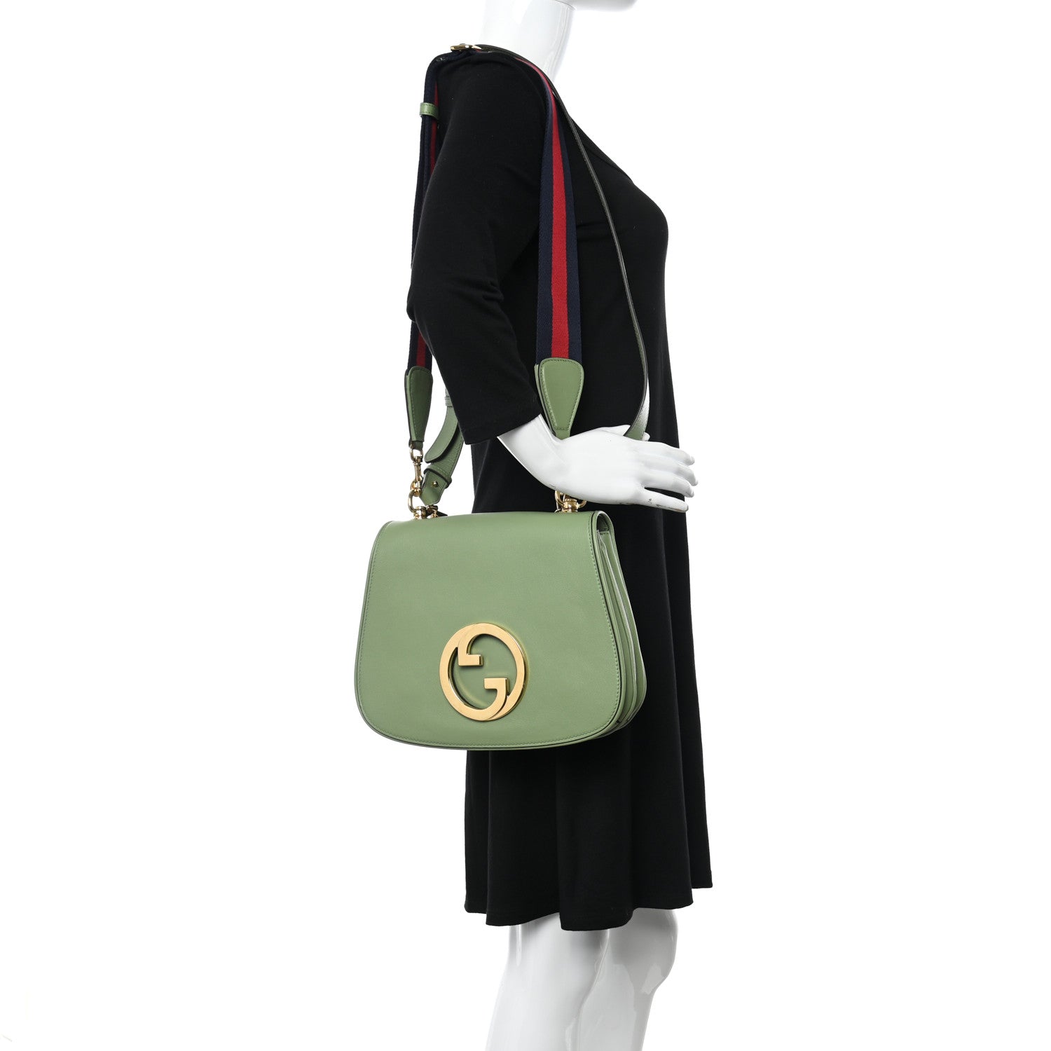 Gucci Roxy Calfskin Web Medium Blondie Top Handle Shoulder Flap Bag Salamander Green 2 of 9