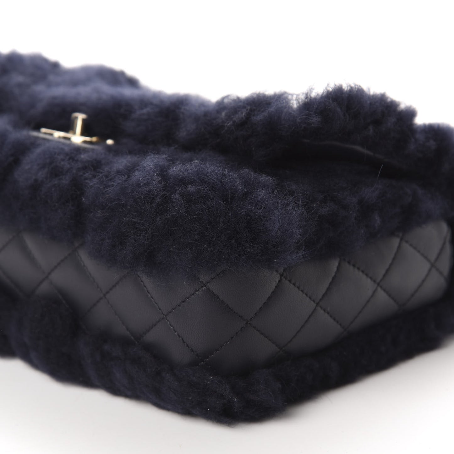 Shearling Lambskin Quilted Medium Single Flap Navy Blue
