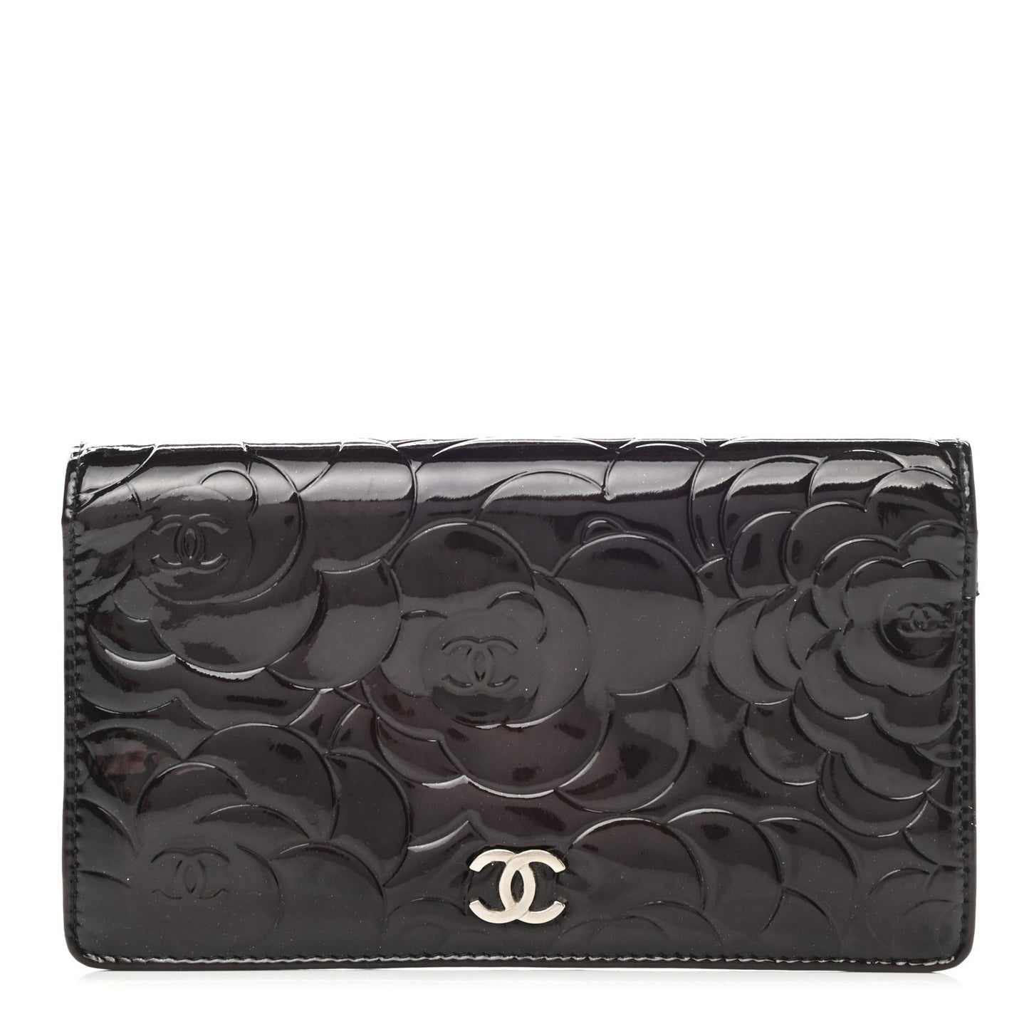 Patent Camellia Embossed Yen Wallet Black
