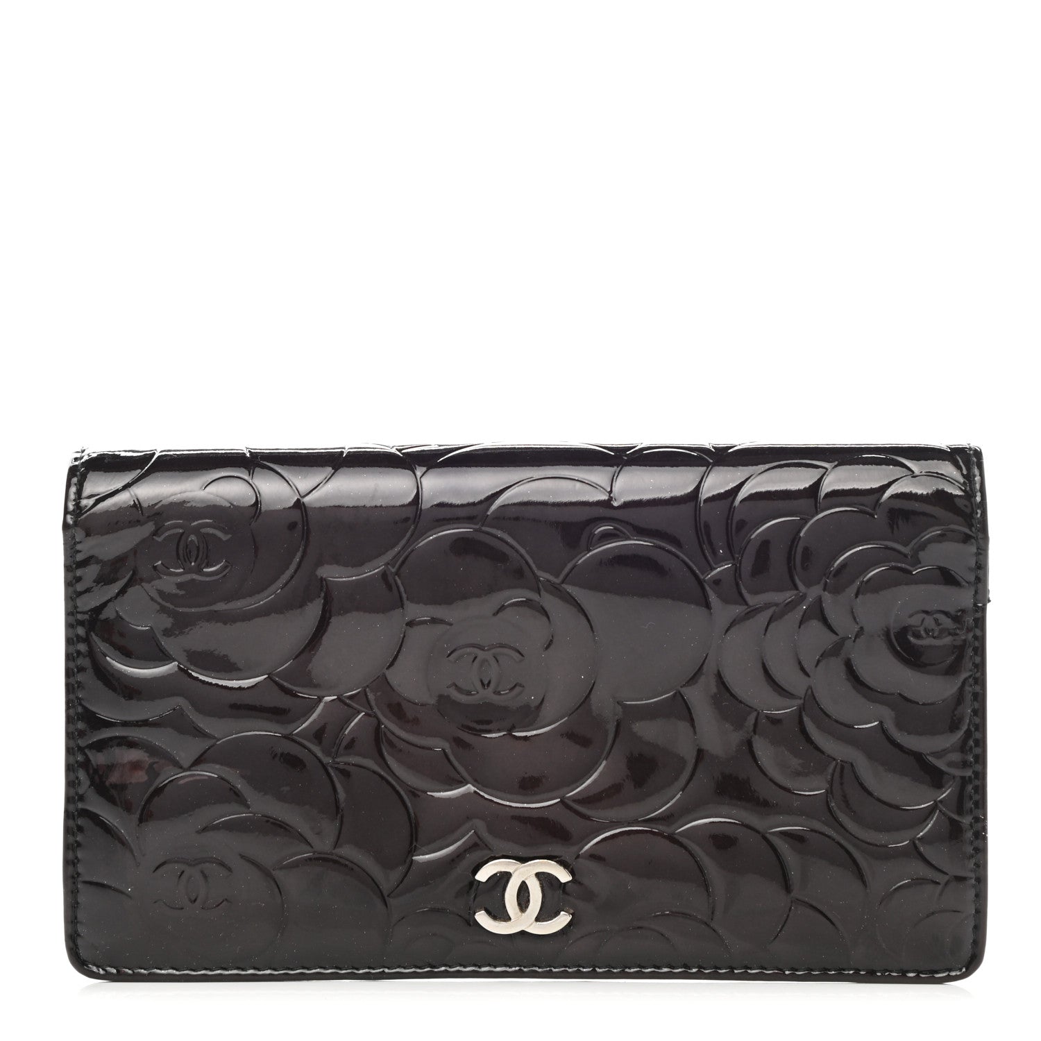 Chanel Patent Camellia Embossed Yen Wallet Black 1 of 13