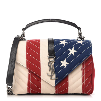 Saint Laurent Canvas Matelasse Chevron American Flag Monogram Medium College Bag Red Blue 1 of 9