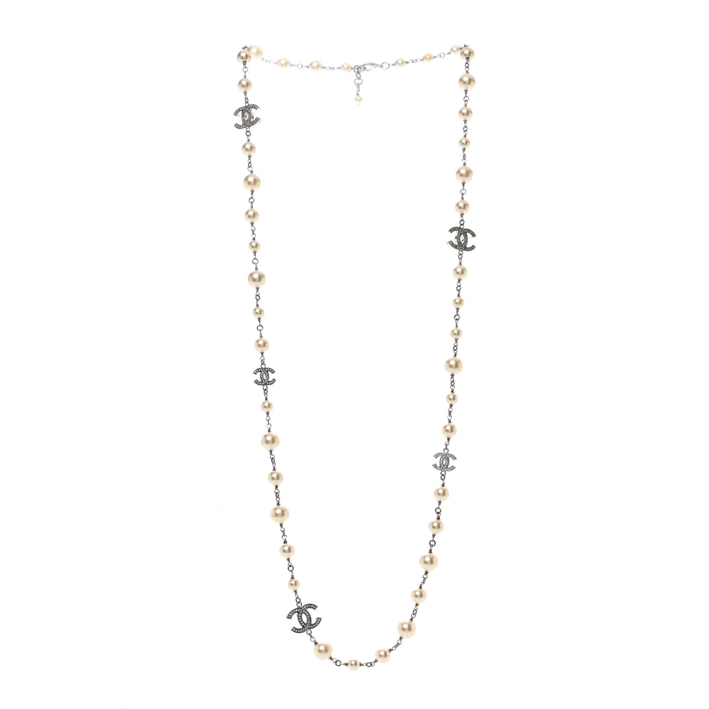 Graduated Pearl Crystal CC Long Necklace Silver
