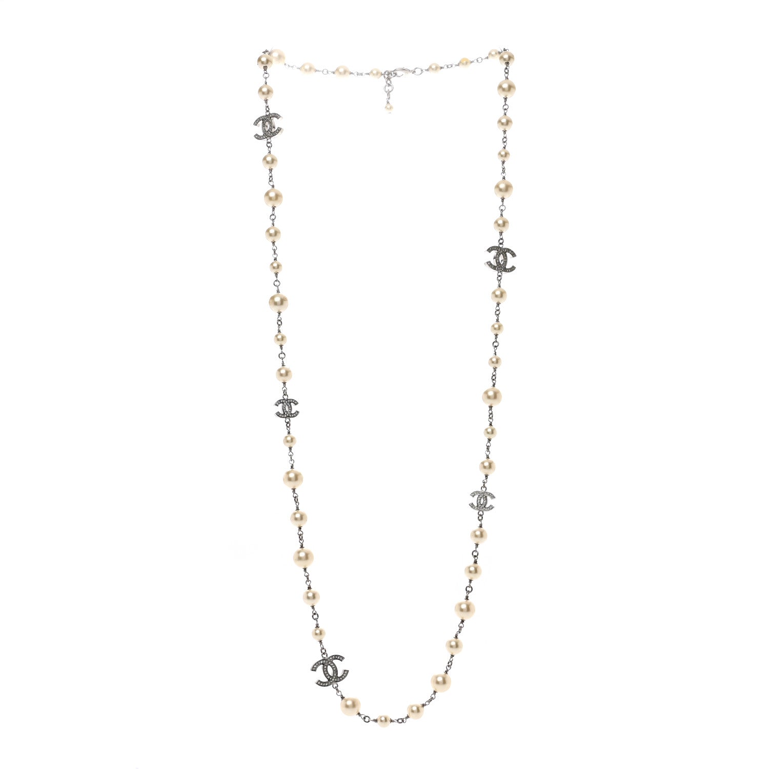 Chanel Graduated Pearl Crystal CC Long Necklace Silver 3 of 5