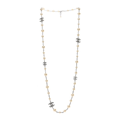 Chanel Graduated Pearl Crystal CC Long Necklace Silver 3 of 5