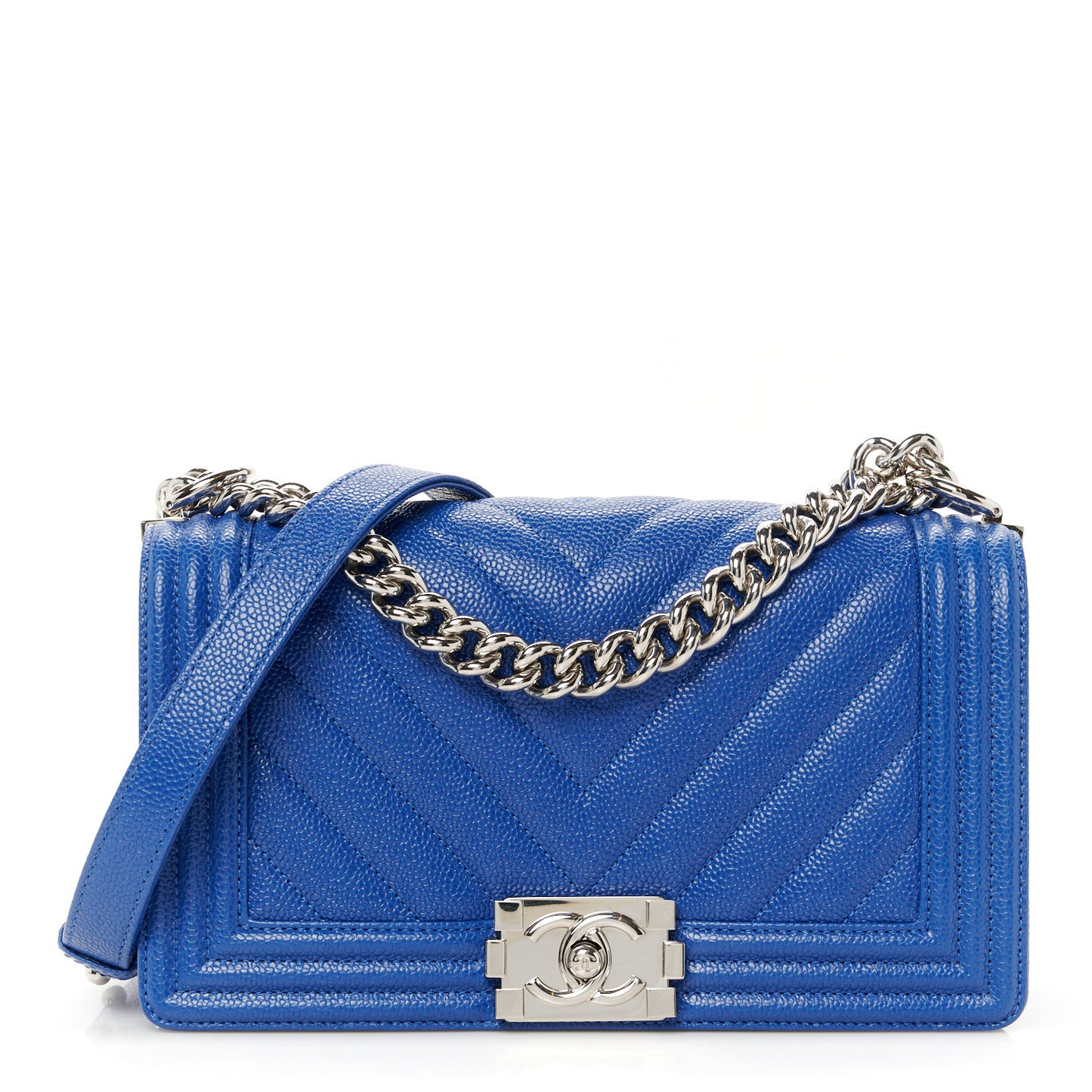 Caviar Chevron Quilted Medium Boy Flap Dark Blue