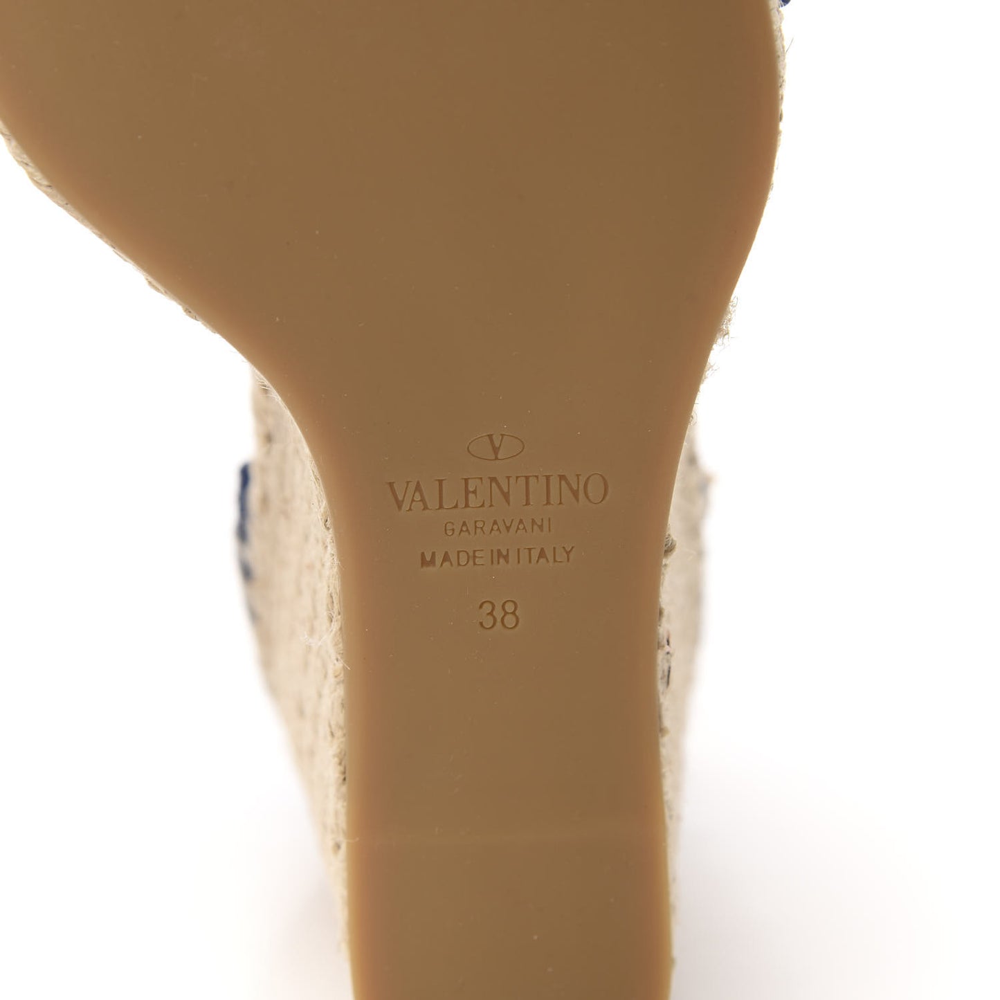 Grained Calfskin Rockstud Ankle Strap Espadrille 15/105mm Wedge Sandals 38 Blu Delft Natural