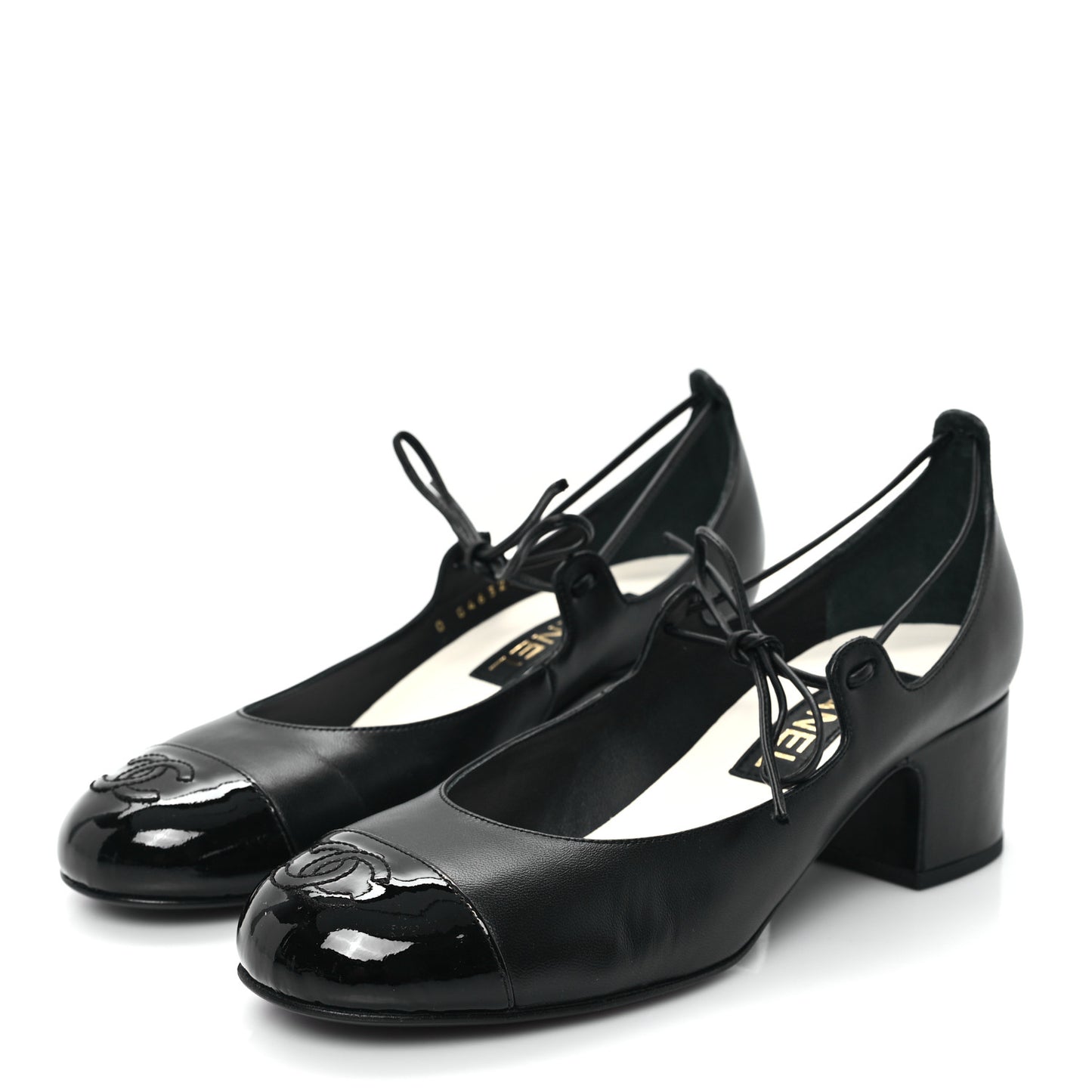 Lambskin Patent Cap Toe CC Mary Jane Pumps 38 Black