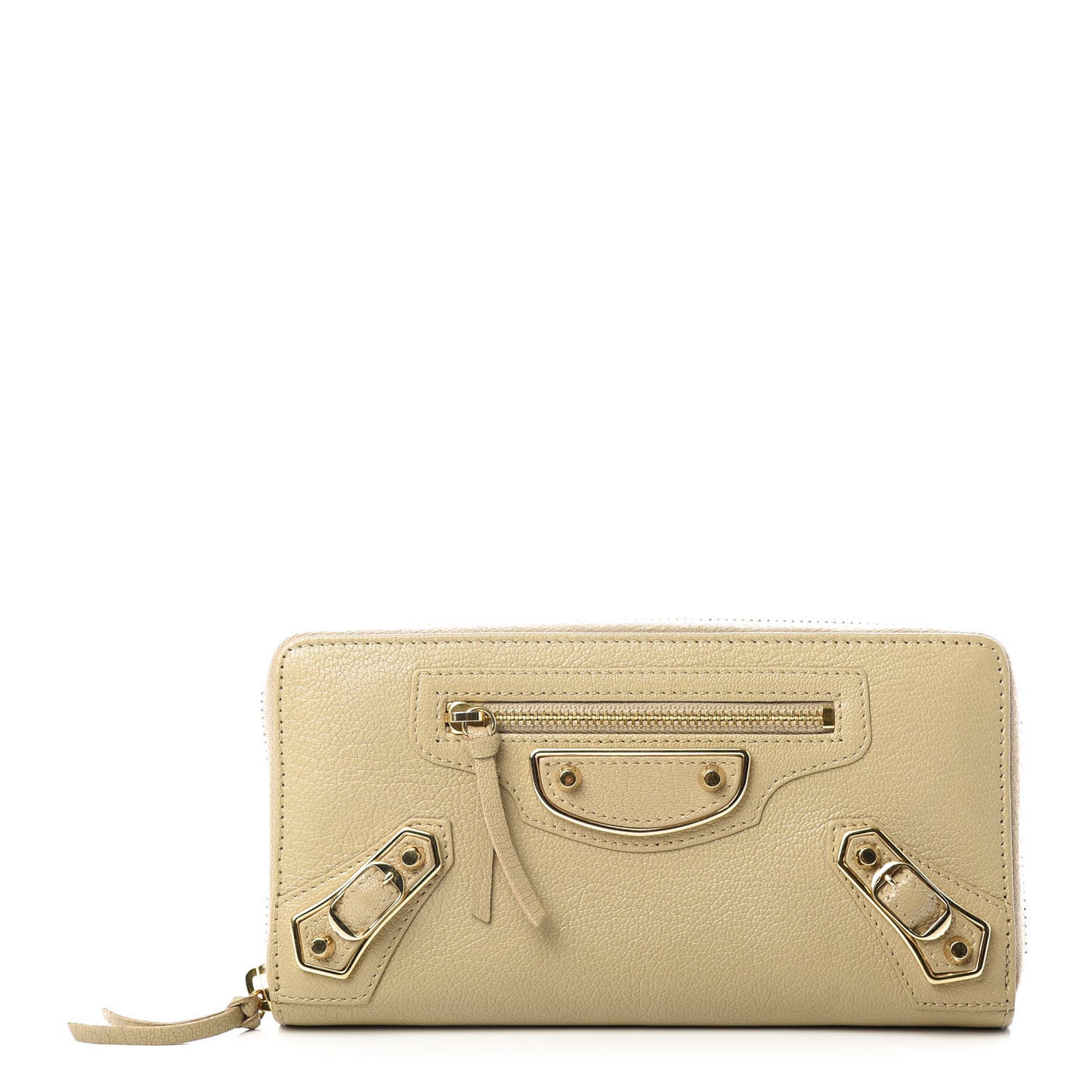 Shiny Goatskin Gold Metallic Edge Hardware Zip Around Wallet Beige Sahara