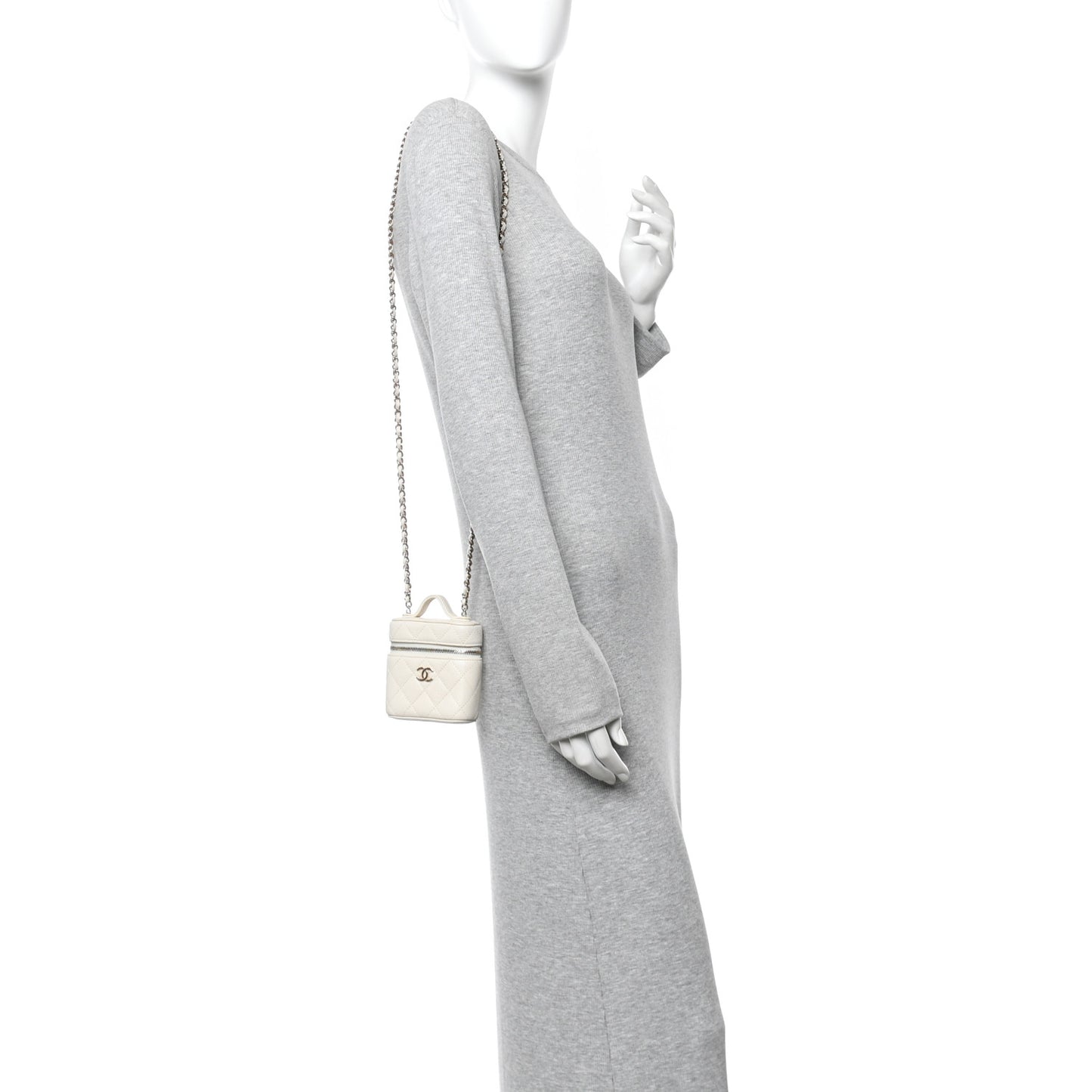 Caviar Quilted Small Handle With Care Vanity Case With Chain White