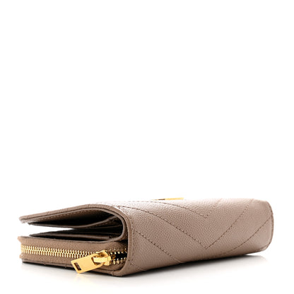 Saint Laurent Grain De Poudre Matelasse Chevron Monogram Compact Zip Around Wallet Taupe 4 of 8