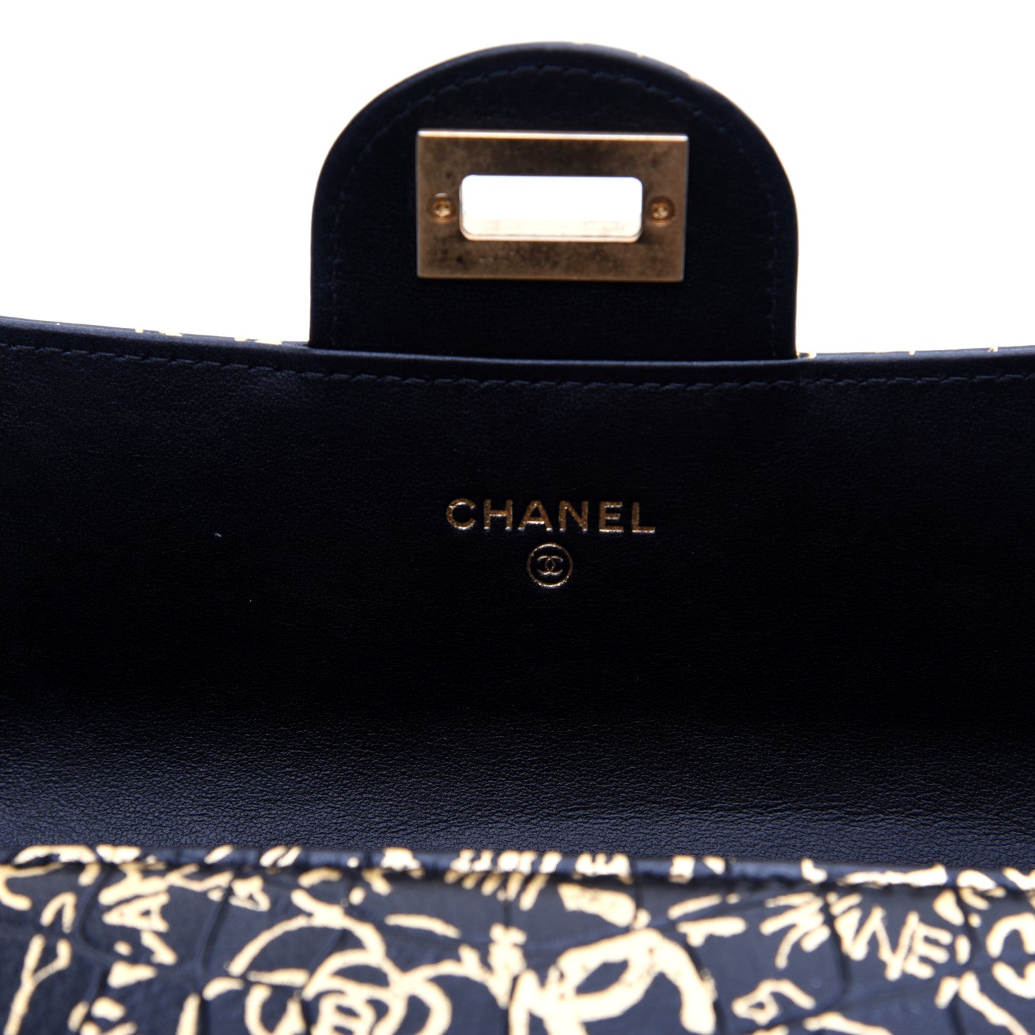 Chanel Calfskin Crocodile Embossed Graffiti 2.55 Cocodile Reissue Long Flap Black Gold 12 of 14