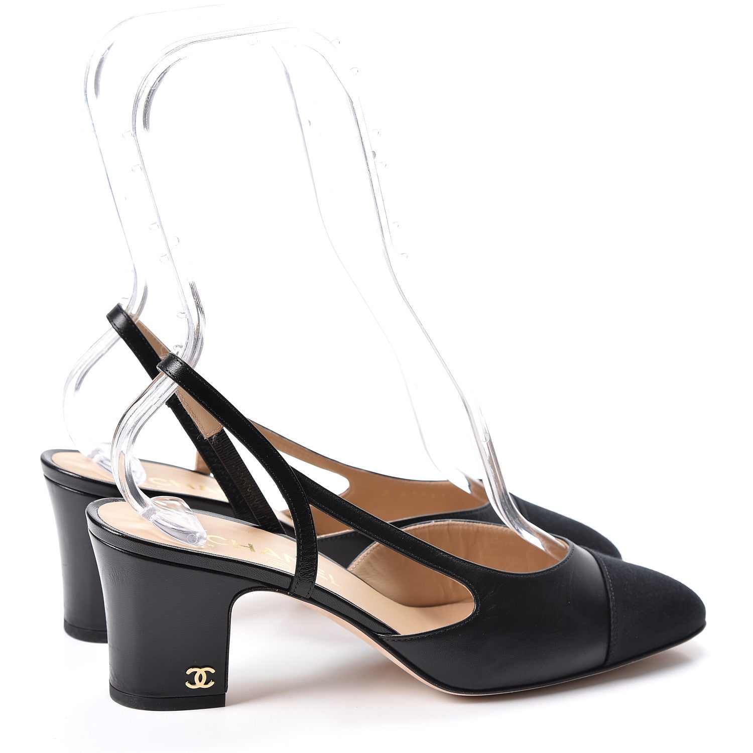 Chanel Goatskin Grosgrain Cap Toe CC Slingback Pumps 37.5 Black 4 of 10