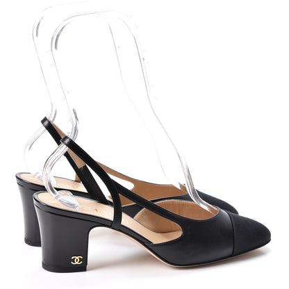Chanel Goatskin Grosgrain Cap Toe CC Slingback Pumps 37.5 Black 4 of 10