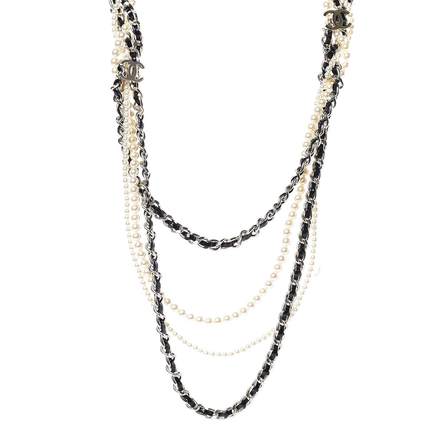 Glazed Calfskin Pearl CC Chain Necklace Black Gold