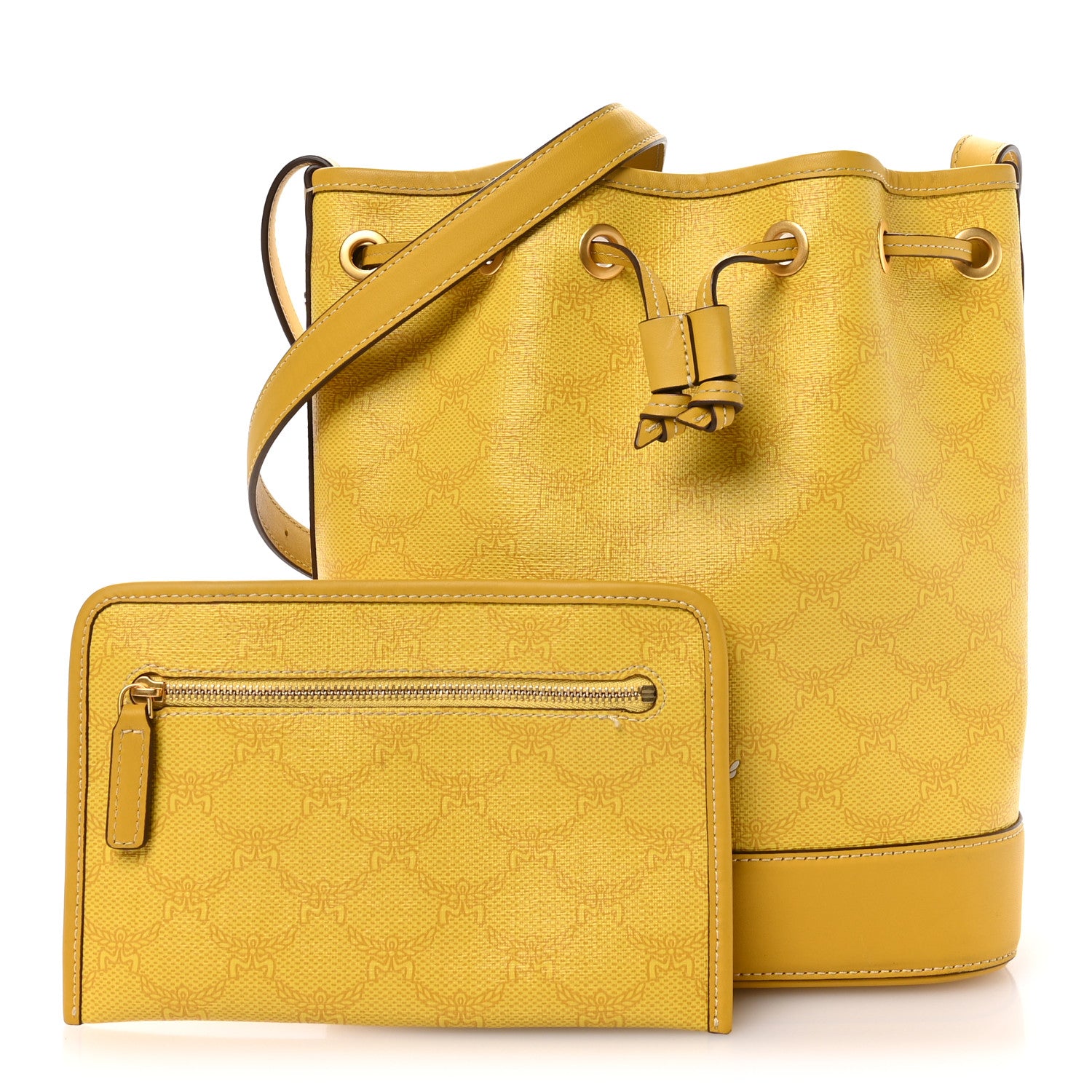 MCM Lauretos Spanish Calfskin Medium Himmel Drawstring Bucket Bag Lemon Gold 3 of 10