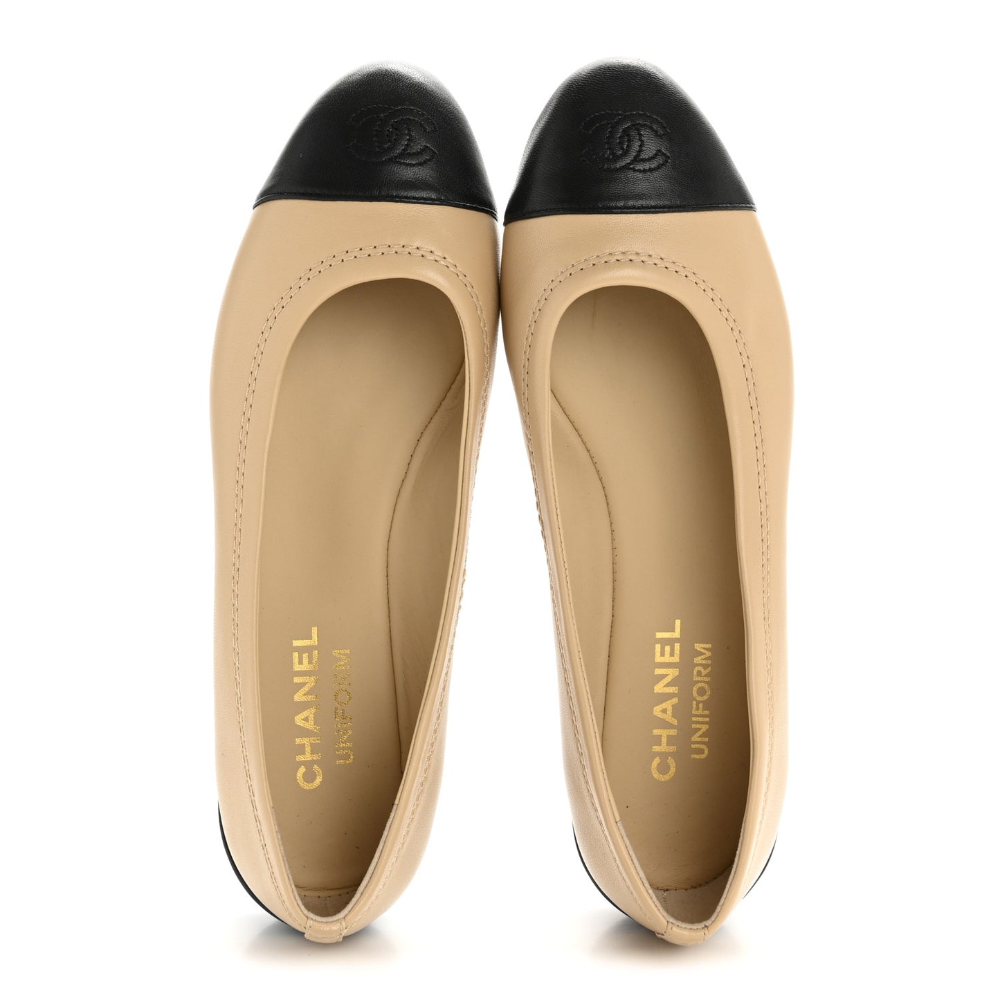Lambskin Cap Toe CC Uniform Ballerina Flats 37.5 Beige Black