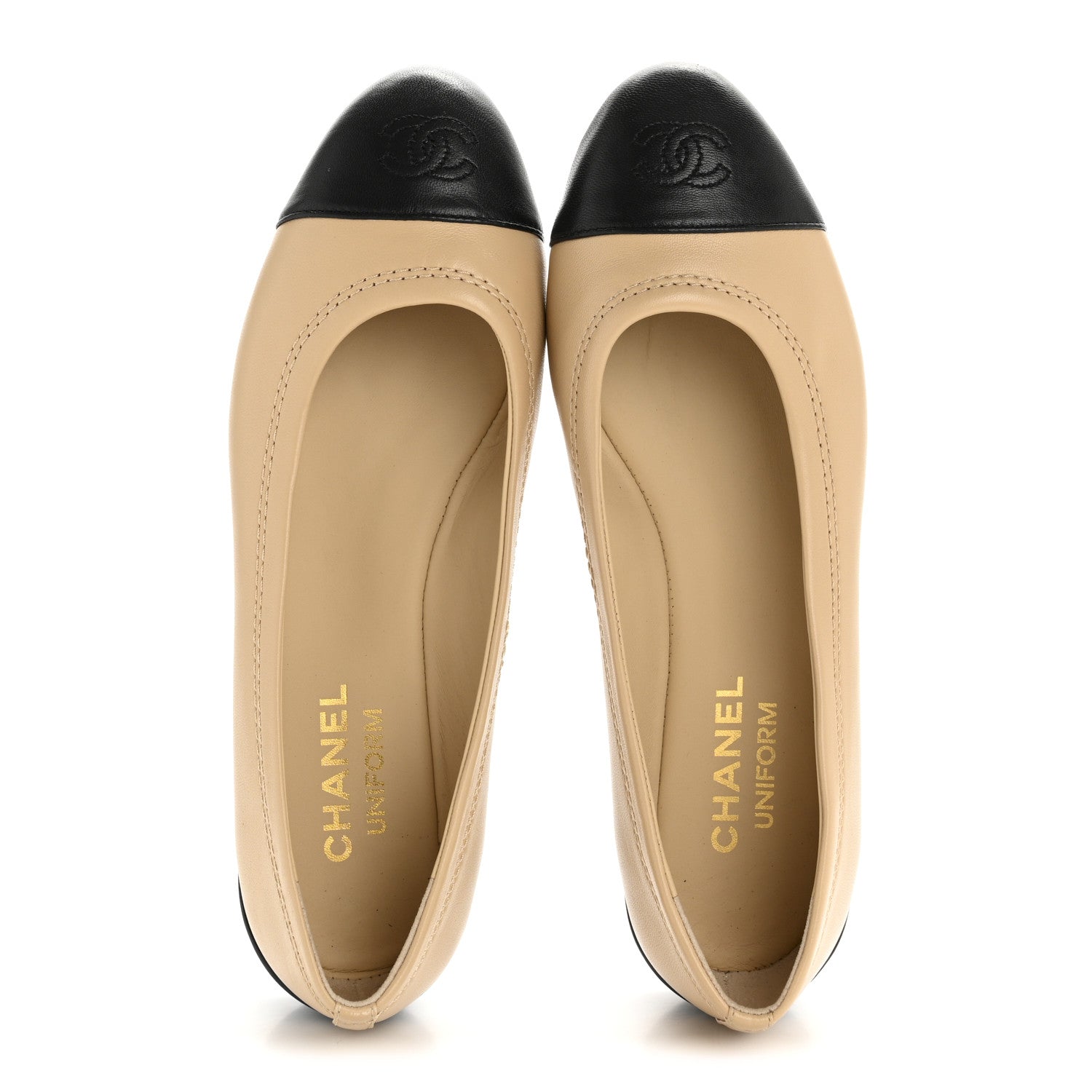 Chanel Lambskin Cap Toe CC Uniform Ballerina Flats 37.5 Beige Black 2 of 10