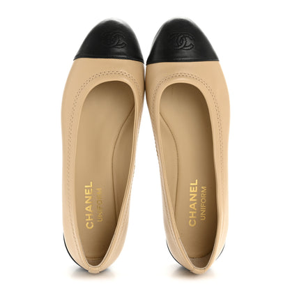 Chanel Lambskin Cap Toe CC Uniform Ballerina Flats 37.5 Beige Black 2 of 10