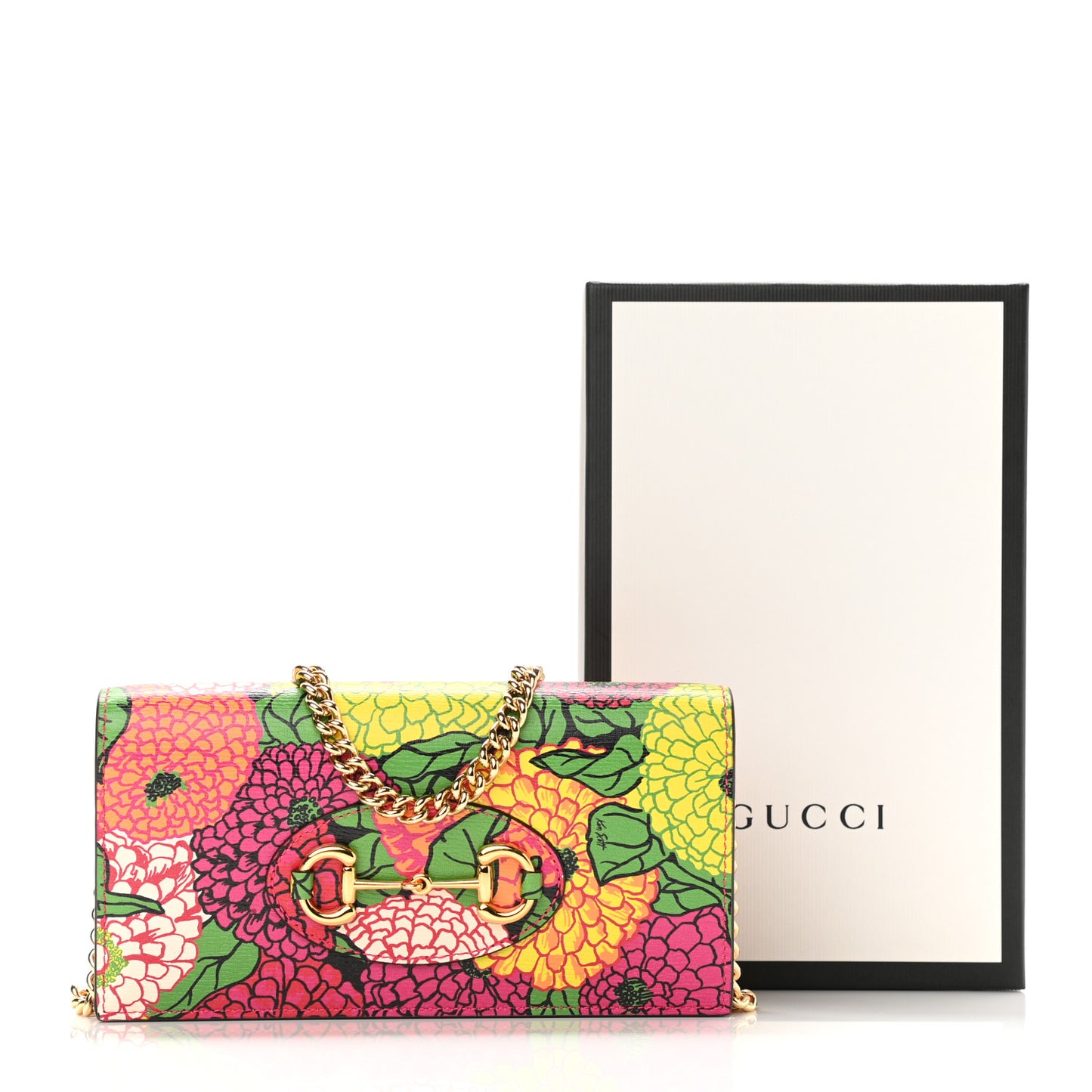 X KEN SCOTT Shangai Calfskin Pomponica Print Horsebit 1955 Wallet On Chain Multicolor Fuxia Pompon