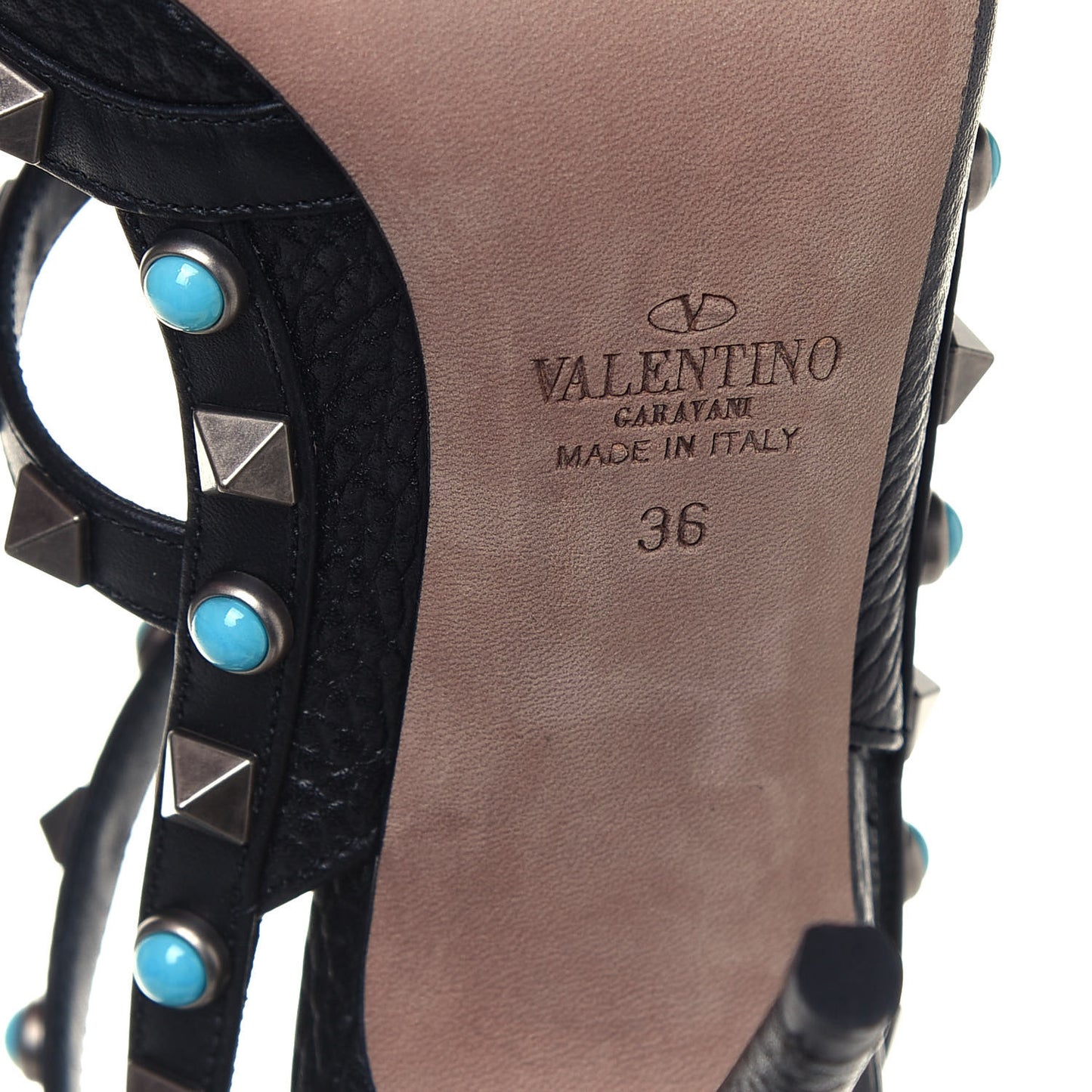 Pebbled Calfskin Turquoise Rockstud Rolling Ankle Strap 100mm Pumps 36 Black