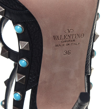 Valentino Garavani Pebbled Calfskin Turquoise Rockstud Rolling Ankle Strap 100mm Pumps 36 Black 5 of 8