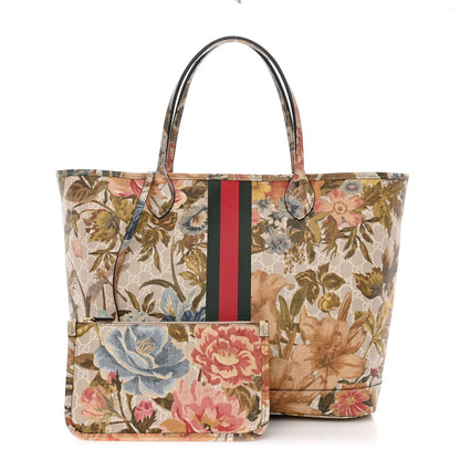 Gucci GG Supreme Monogram Water Flora Web Large Ophidia Tote Beige White Multicolor 1 of 14
