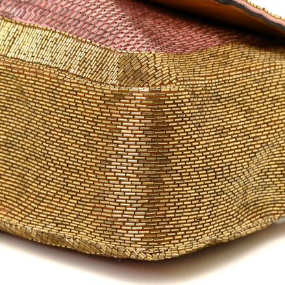 Fendi Vitello Catalan Mirror Bead Embroidered Baguette Rosa Pesca Gold 10 of 17