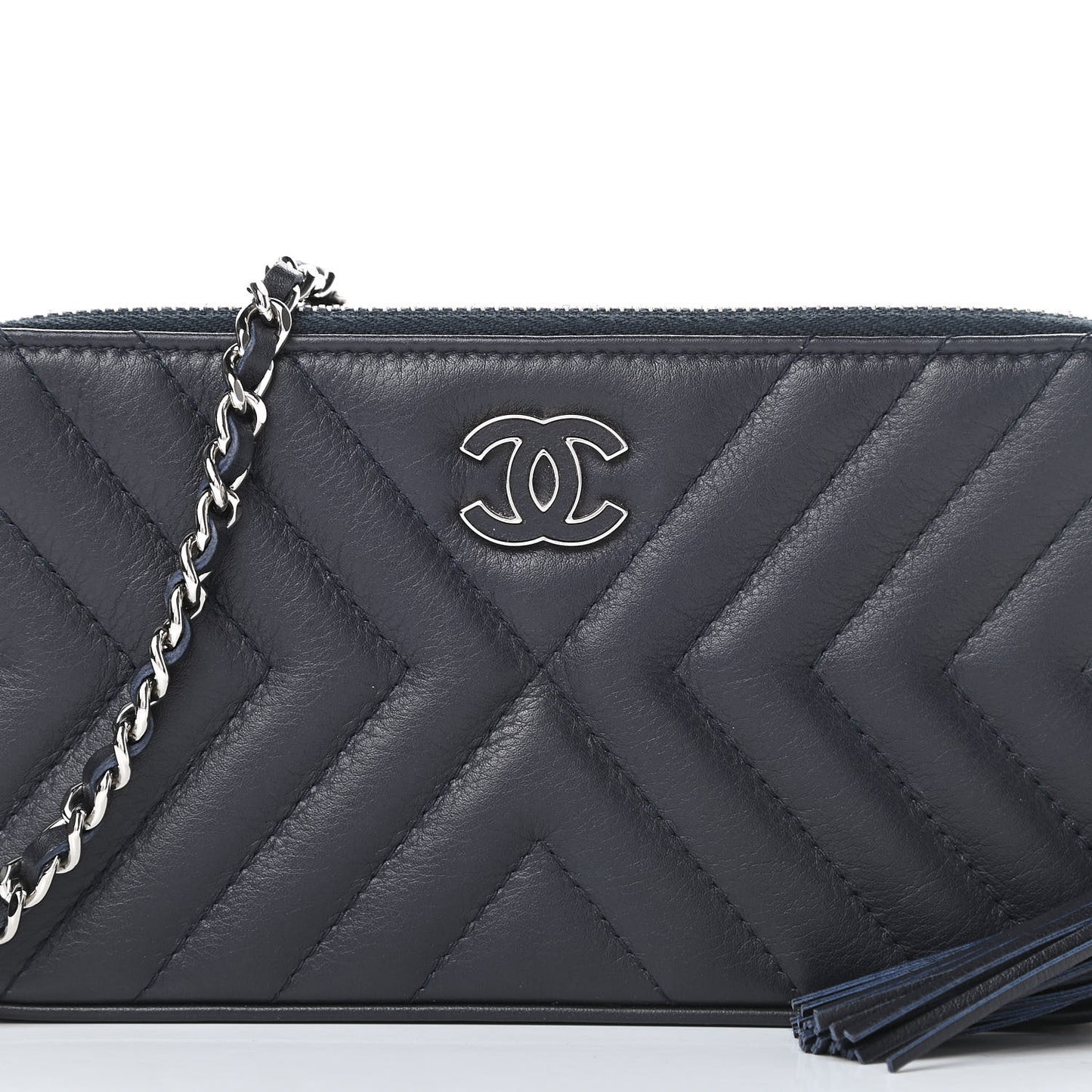 Calfskin Chevron Quilted Tassel Clutch With Chain Navy