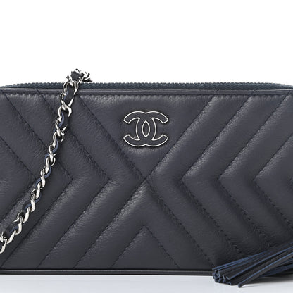 Chanel Calfskin Chevron Quilted Tassel Clutch With Chain Navy 8 of 10