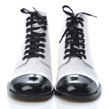 Chanel Patent Calfskin CC Lace Up Boots 35.5 White Black 2 of 10